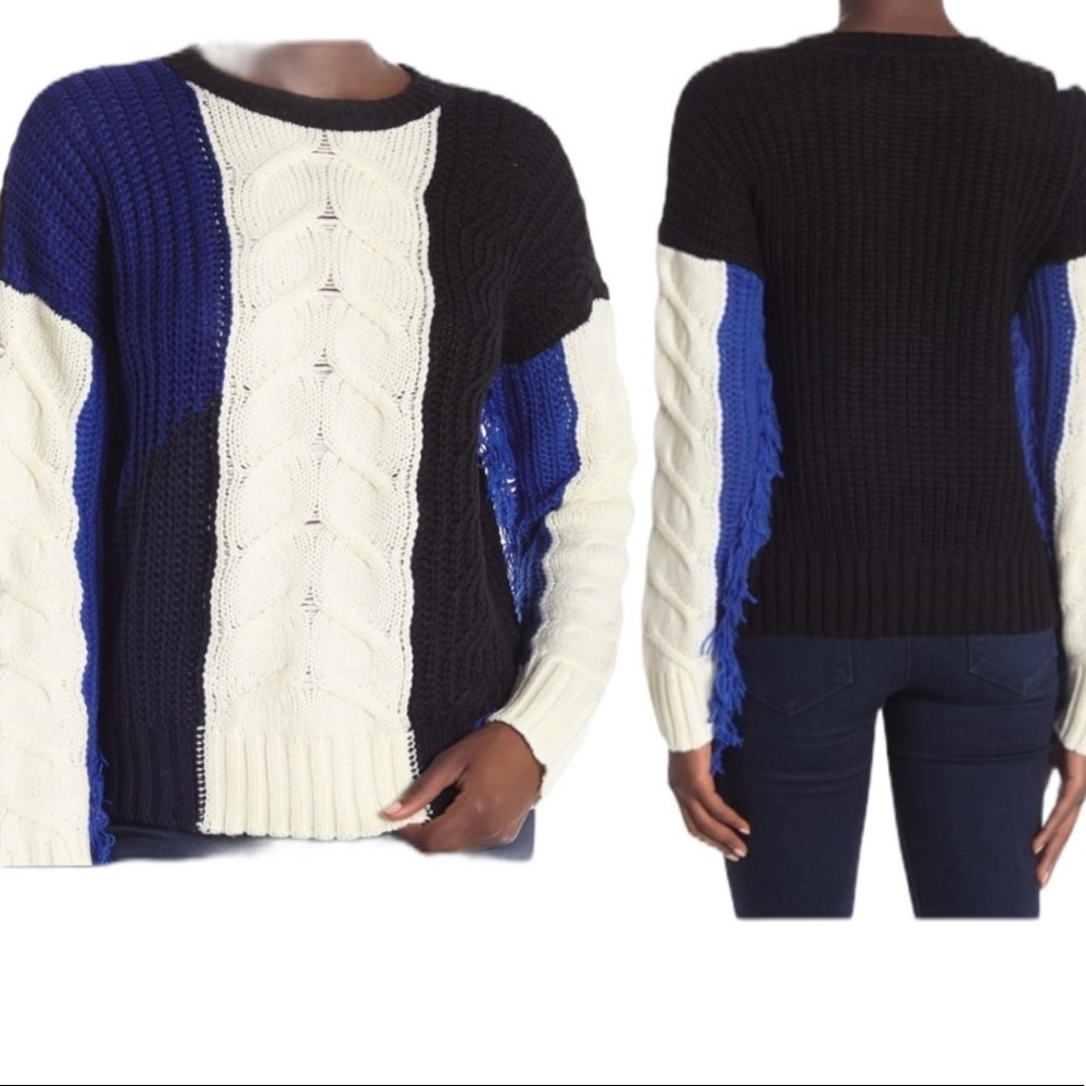 Free Generation Color block Fringe sleeve cable sweater